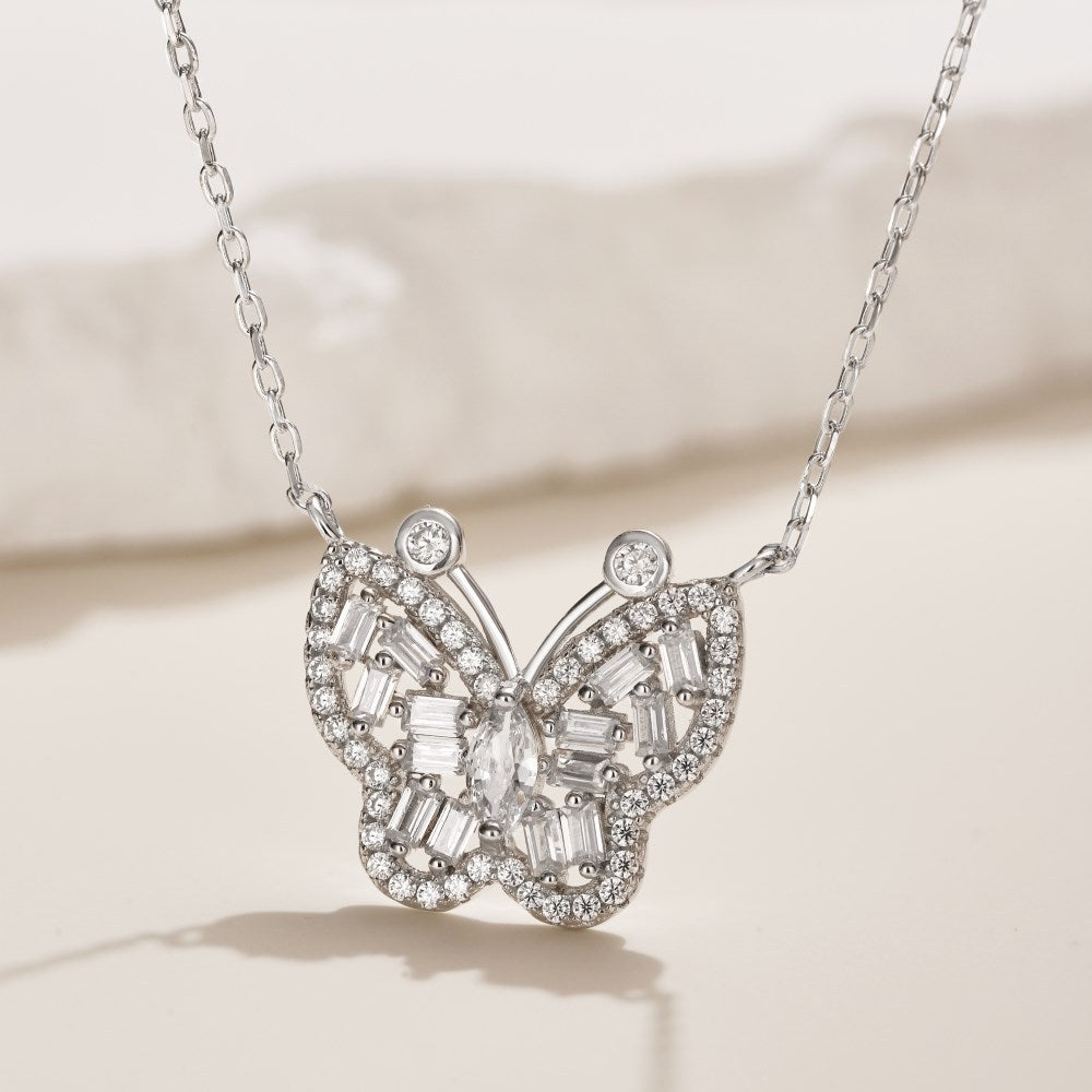 S925 sterling silver butterfly necklace women's marquise-shaped rectangular inlaid butterfly design exquisite clavicle chain neck accessories-Mix MIx Style