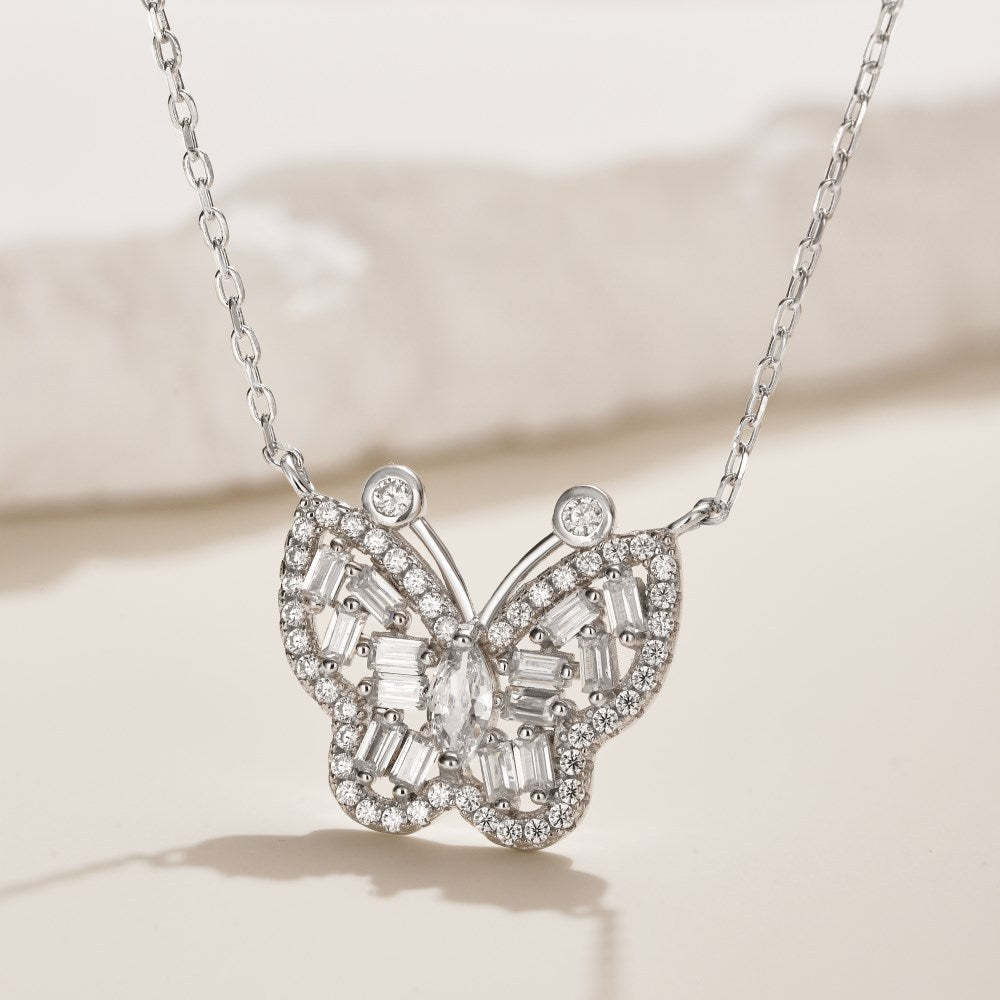 S925 sterling silver butterfly necklace women's marquise-shaped rectangular inlaid butterfly design exquisite clavicle chain neck accessories-Mix MIx Style
