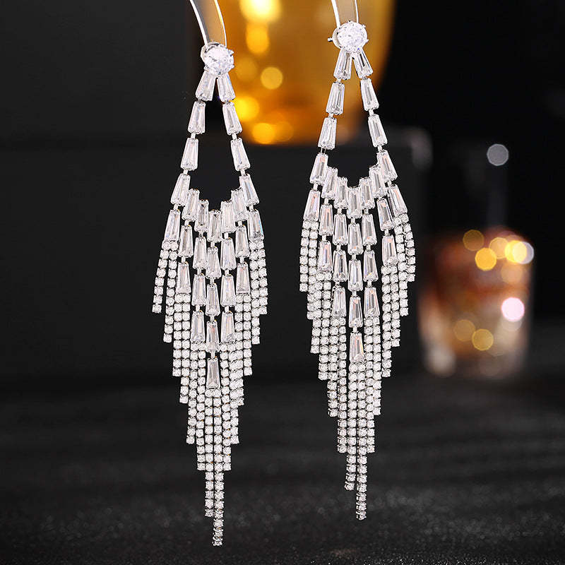 Super fairy temperament long rhombus face-modifying earrings trendy high-end zircon inlaid wedding dress matching earrings-Mix MIx Style