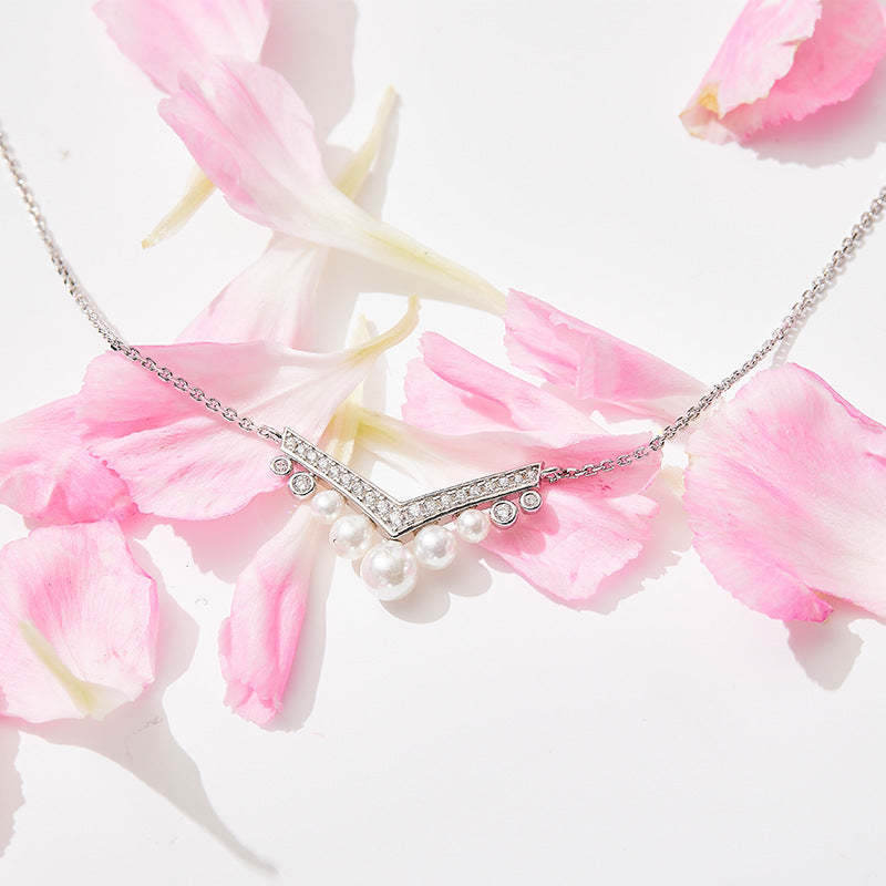 2022 summer new product 925 silver crown egret shell bead necklace gold-plated French fairy style V-shaped crown clavicle chain-Mix MIx Style