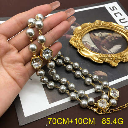 Slver Vintage Classic Multi-Layer Grey/ White PEarls Luxury 18k Gold Plated Long Necklace Jewelry | Mix Mix Style-Mix MIx Style