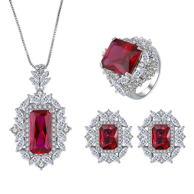 Douyin popular simulation red corundum square set pendant 8*16 ring 12*14 earrings 6*8 silver S925-Mix MIx Style