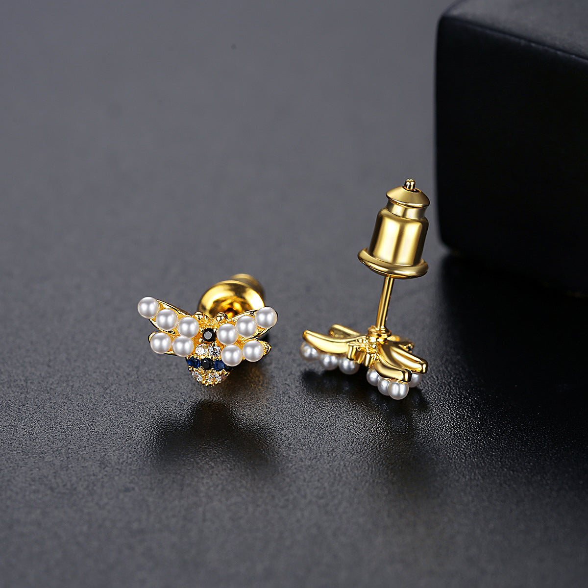 Bee Shaped Akoya Pearls & Moissanite Diamonds  18k Vermeil Gold Plated Vintage Stud Earrings | Mix Mix Style-Mix MIx Style
