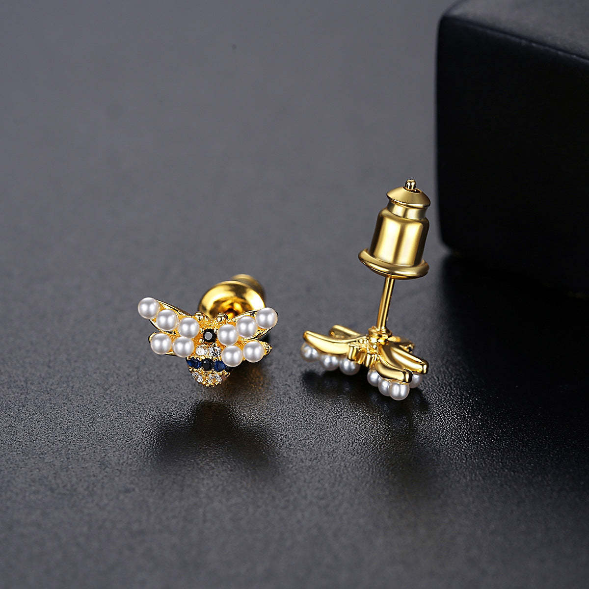 Bee Shaped Akoya Pearls & Moissanite Diamonds  18k Vermeil Gold Plated Vintage Stud Earrings | Mix Mix Style-Mix MIx Style