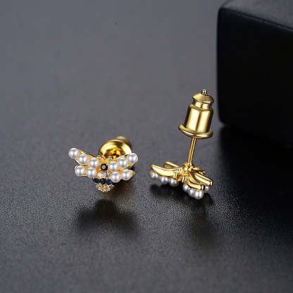 Bee Shaped Akoya Pearls & Moissanite Diamonds  18k Vermeil Gold Plated Vintage Stud Earrings | Mix Mix Style-Mix MIx Style