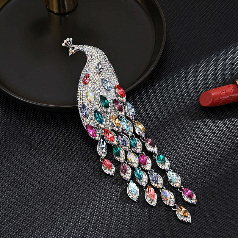 New heavy industry luxury high-end long tail colorful zirconium tassel peacock brooch exquisite high-end full inlaid copper corsage wholesale-Mix MIx Style