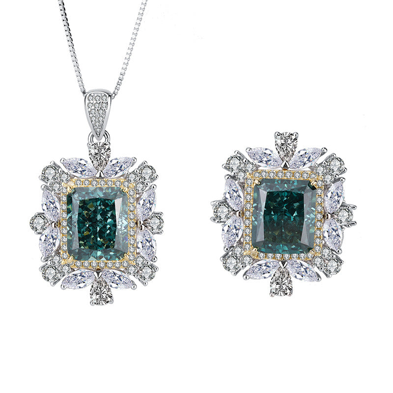 Dark Green Retro Square Pendant Radiant Diamond 5ct Luxury 18k Gold Plated Necklace & Ring Jewelry Set | Mix Mix Style-Mix MIx Style