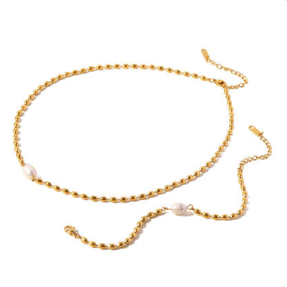 Minimalist Vintage Golden Beads Akoya Pearl Pendant Luxury 18k Gold Plated Necklace Bracelet Jewelry Set | Mix Mix Style-Mix MIx Style