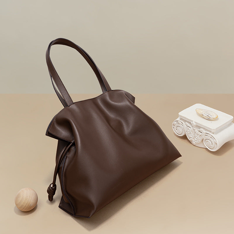 Bags new cowhide blessing bag leather women's bag pleated shoulder bag drawstring large bag | Mix Mix Style [Hot Seller]-Mix MIx Style