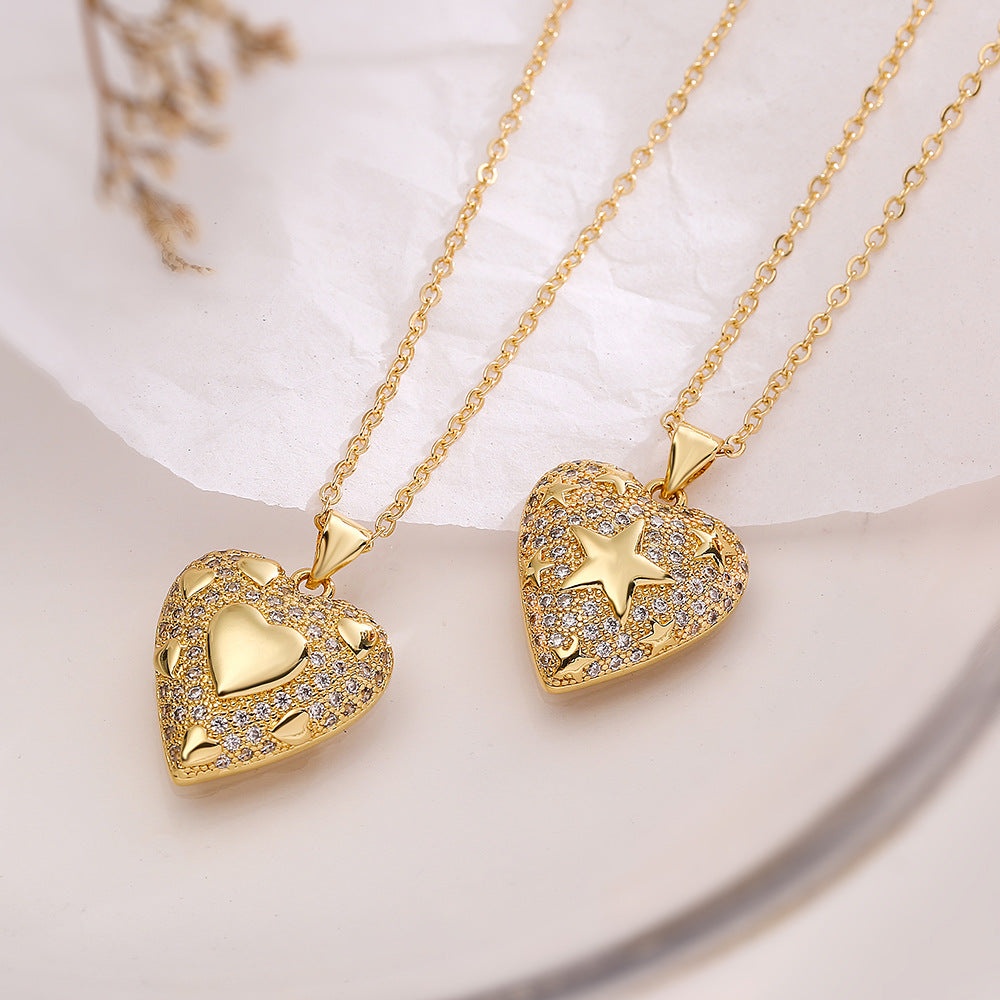 Heart Star Vintage Solid Pendant Diamonate Luxury 18k Gold Plated Necklace Jewelry | Mix Mix Style-Mix MIx Style