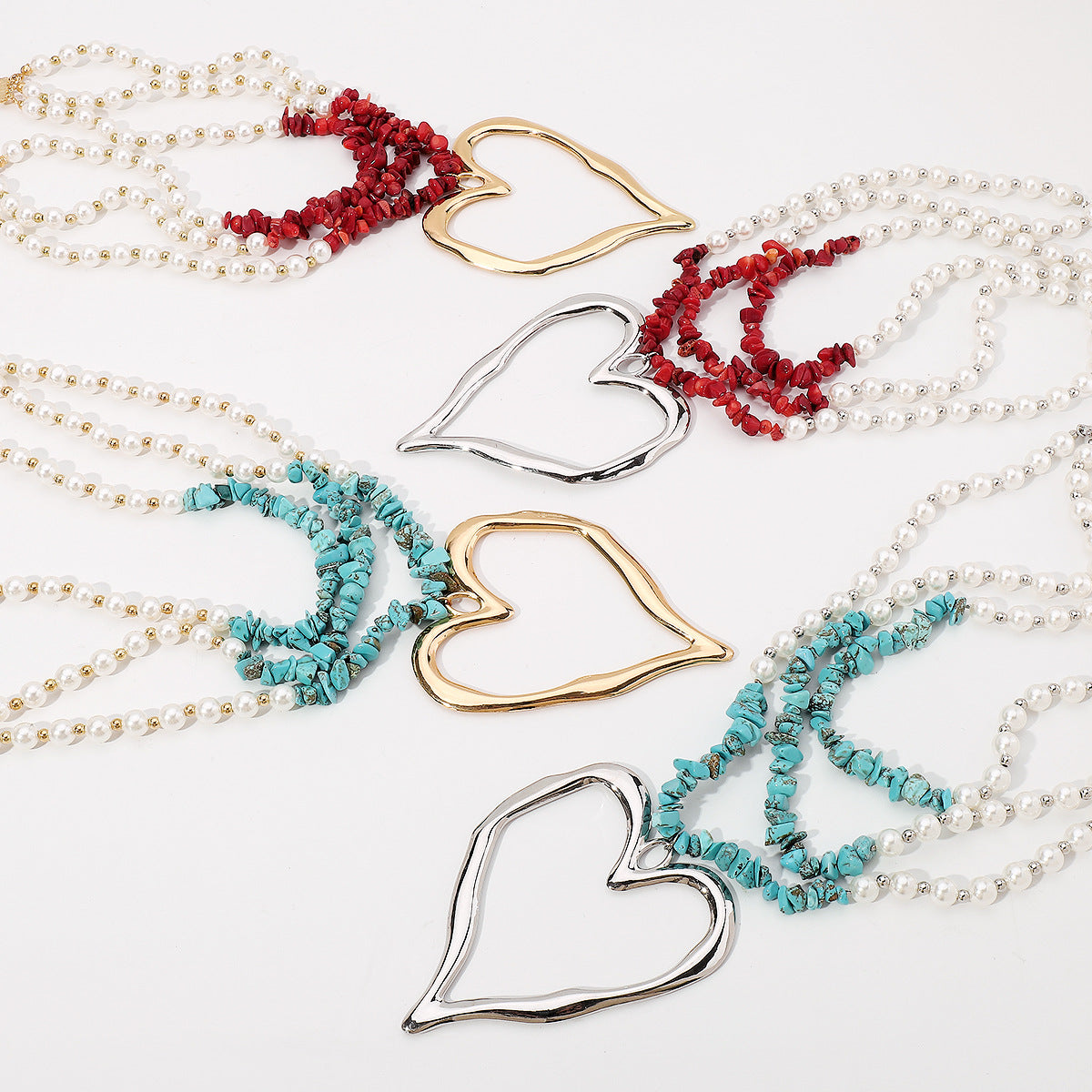 Multilayer Vintage Heart Pendant Akoya Pearls Luxury 18k White/Vermeil Gold Plated Necklace Jewelry | Mix Mix Style-Mix MIx Style