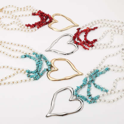 Multilayer Vintage Heart Pendant Akoya Pearls Luxury 18k White/Vermeil Gold Plated Necklace Jewelry | Mix Mix Style-Mix MIx Style