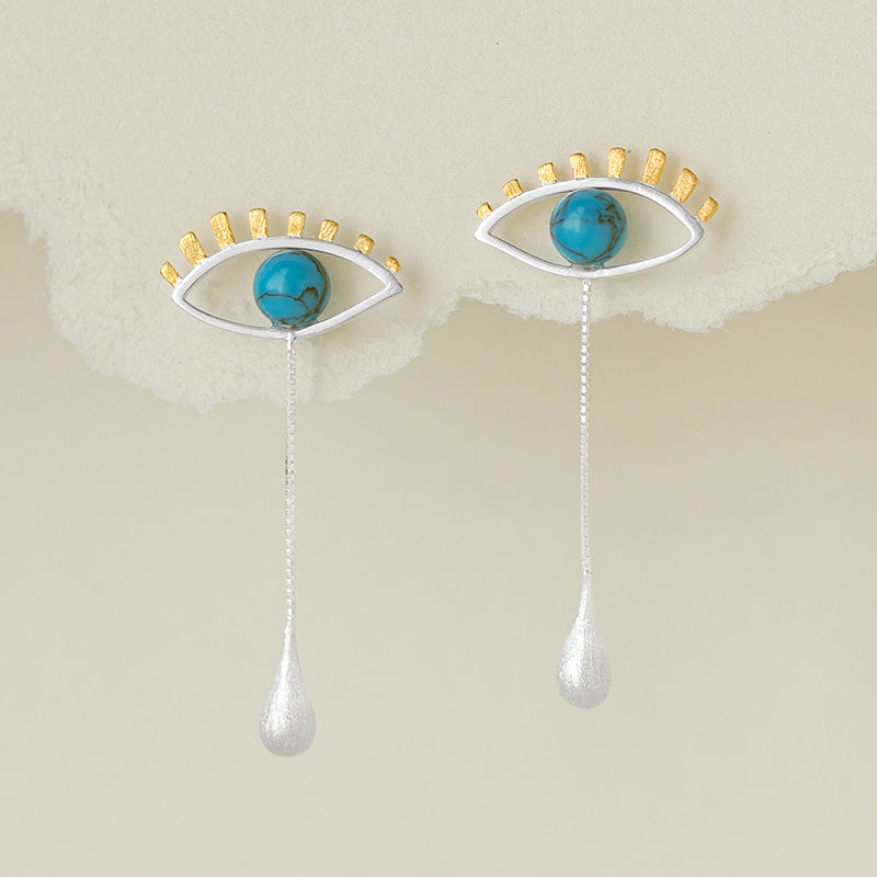 Devil's Eye Shaped Water Drop Round Shaped Blue Gemstone 18k White/Vermeil Gold Plated Drop Earrings | Mix Mix Style-Mix MIx Style
