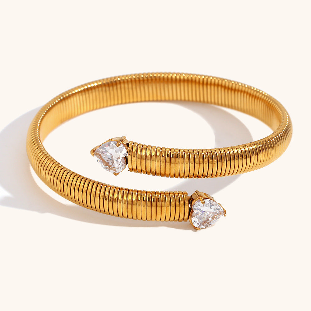 European and American cross-border hot selling two-end heart-shaped zircon open striped bracelet stainless steel plated 18K gold retro bracelet-Mix MIx Style