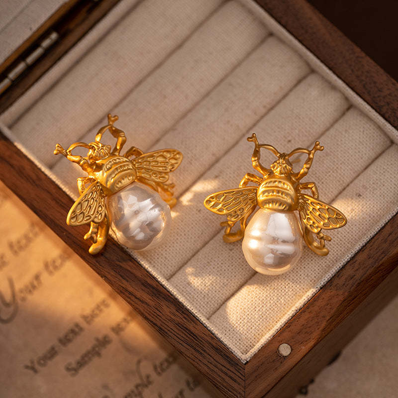 Bee pearl earrings for women, vintage, high-end, stylish, unique earrings, French, niche, light luxury, retro earrings-Mix MIx Style