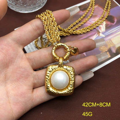 Square Vintage Pendant White Akoya Pearl Luxury 18k Vermeil Gold Plated Necklace Earrings Jewelry Set | Mix Mix Style-Mix MIx Style
