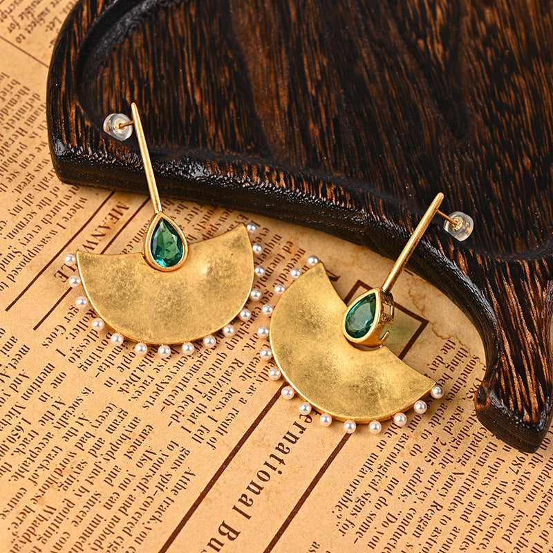 Medieval vintage retro silver needle earrings French light luxury palace gold fan leaf pearl earrings earrings-Mix MIx Style