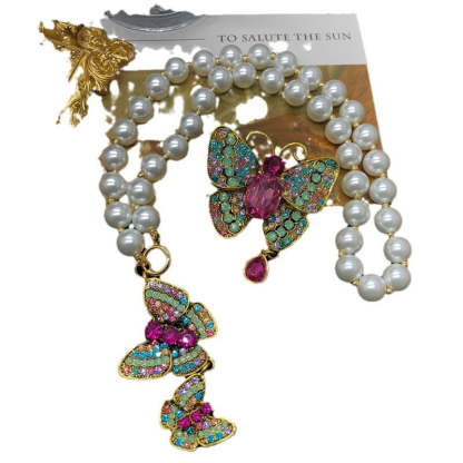 Butterfly Multicolor Vintage Retro Pendant Pink Oval Cut Diamond Luxury 18k Gold Plated Necklace & Brooch Jewelry Set | Mix Mix Style-Mix MIx Style