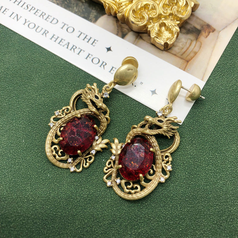 Dragon 3D Shaped Red Oval Moissanite Diamonds Luxury 18k Vermeil Gold Plated Drop Earrings | Mix Mix Style-Mix MIx Style