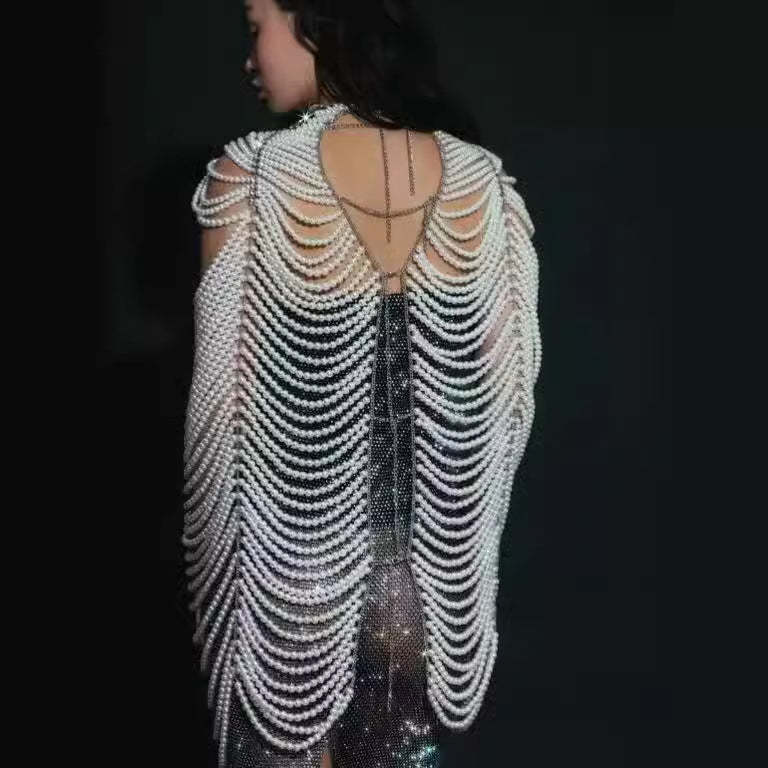 White Luxury Draped Sleeve pearl body chain adjustable cover Party Festival Mini dress | Mix Mix Style