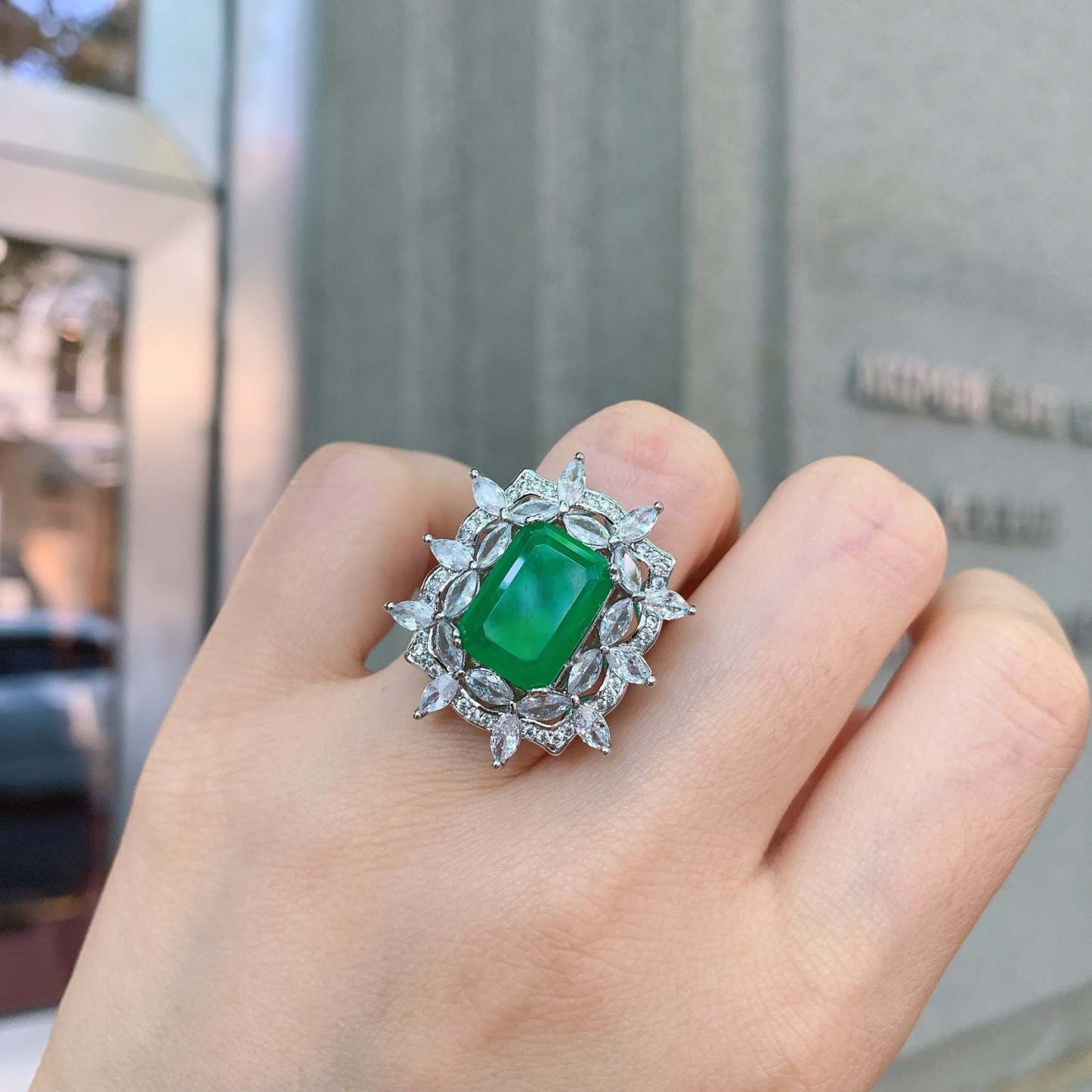 Green Aquamarine Retro Pendant Emerald Cut Diamond Luxury 18k White Gold Plated Necklace Earring Ring Jewelry Set | Mix Mix Style-Mix MIx Style