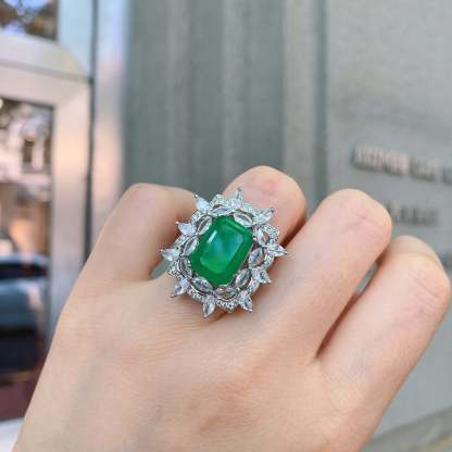 Green Aquamarine Retro Pendant Emerald Cut Diamond Luxury 18k White Gold Plated Necklace Earring Ring Jewelry Set | Mix Mix Style-Mix MIx Style