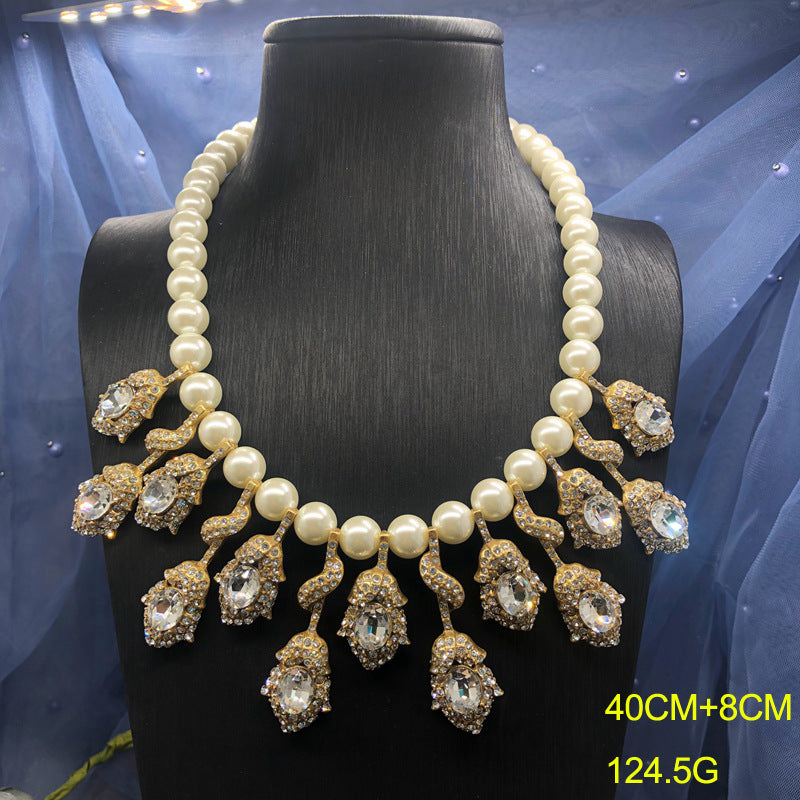 Vintage Retro Pendants White Oval Cut Diamond Akoya Pearl 18k Gold Plated Necklace Earrings Jewelry Set | Mix Mix Style-Mix MIx Style