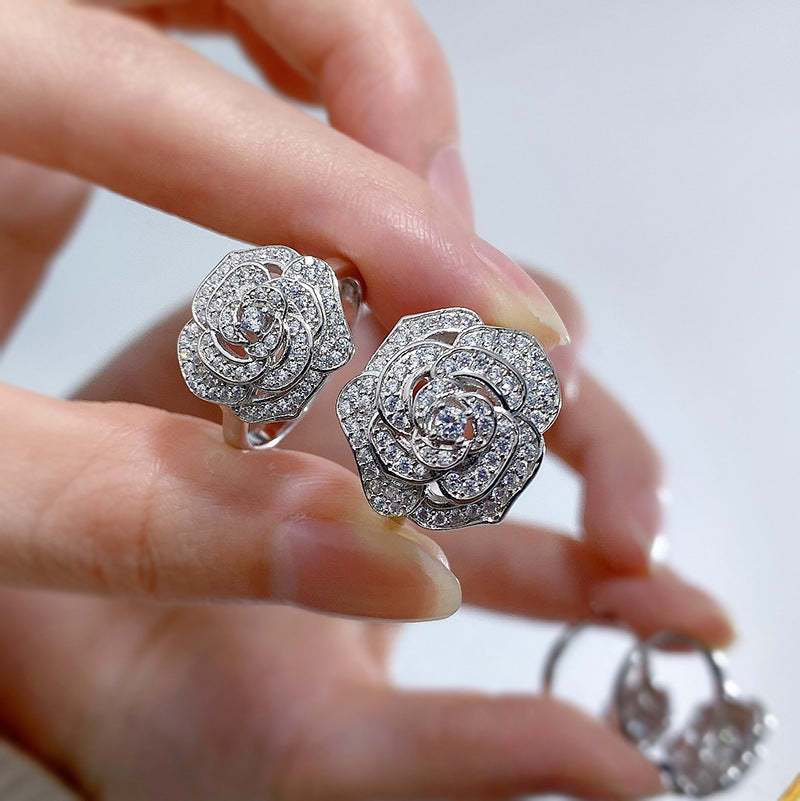 Flower White Camellia Round Cut Moissanite Diamonds 18k White Gold Plated Engagement Ring | Mix Mix Style-Mix MIx Style