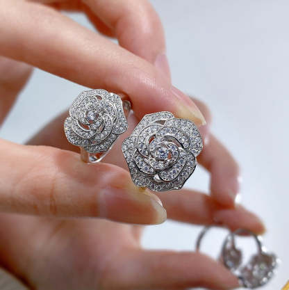 Flower White Camellia Round Cut Moissanite Diamonds 18k White Gold Plated Engagement Ring | Mix Mix Style-Mix MIx Style