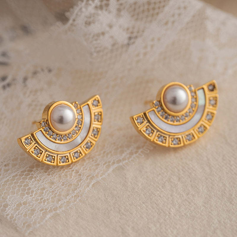 Natural shell earrings for women, retro pearls, middle-aged vintage earrings, semicircular exaggerated personality, high-end earrings-Mix MIx Style