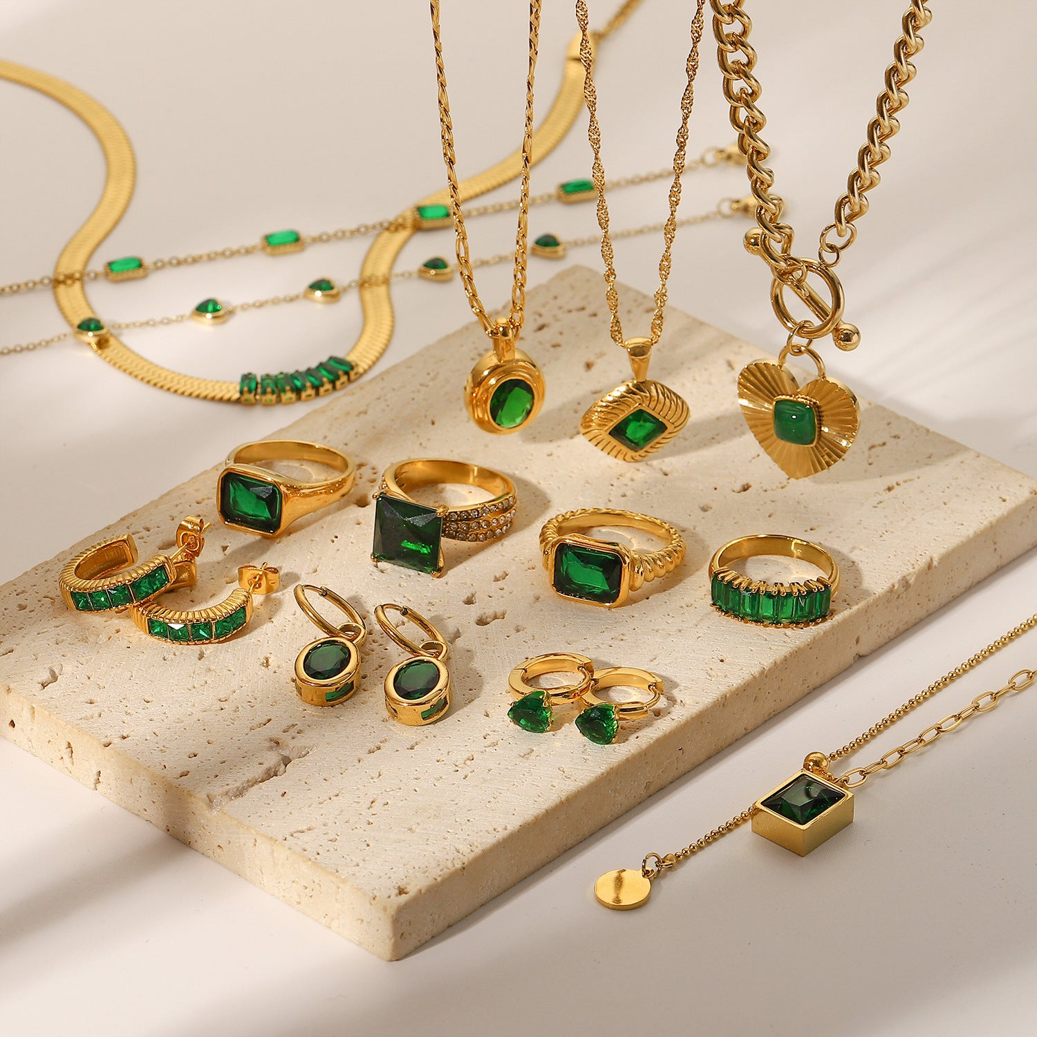 Retro Classic Green Radiant Diamond Pendant Luxury 18k Gold Plated Necklace Earring Bracelet Jewelry Set | Mix Mix Style-Mix MIx Style