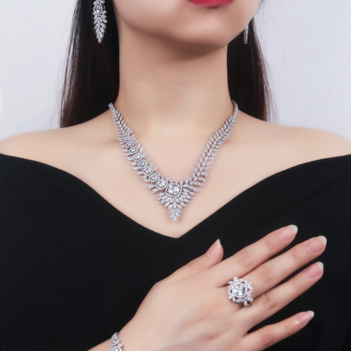 Wedding language European and American exaggerated luxury temperament full diamond bridal wedding suit fashionable rhinestone shiny four-piece jewelry-Mix MIx Style