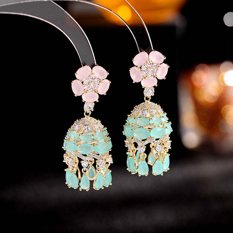 Ethnic style creative heavy color zircon retro earrings copper inlaid zircon luxury palace style banquet tassel wind chime earrings-Mix MIx Style