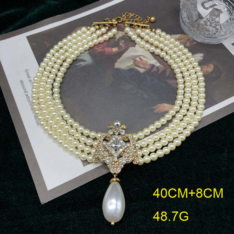 White Vintage Retro Multirow Akoya Pearls Diamonds Luxury 18k Gold Plated Necklace Earrings Jewelry Set | Mix Mix Style-Mix MIx Style