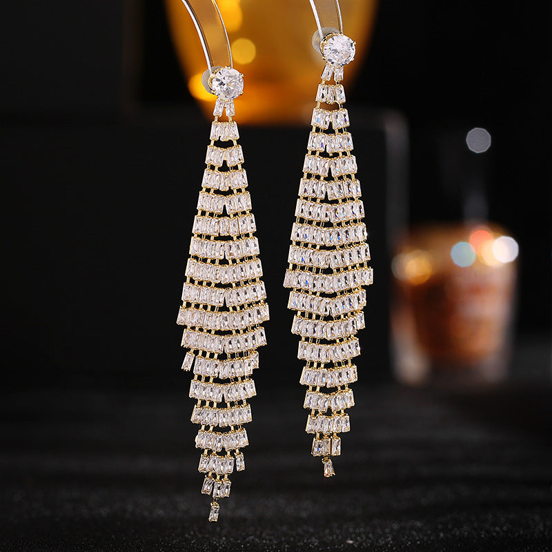 New exaggerated atmosphere wedding dress with earrings s925 silver needle zircon long face-modifying tassel earrings-Mix MIx Style