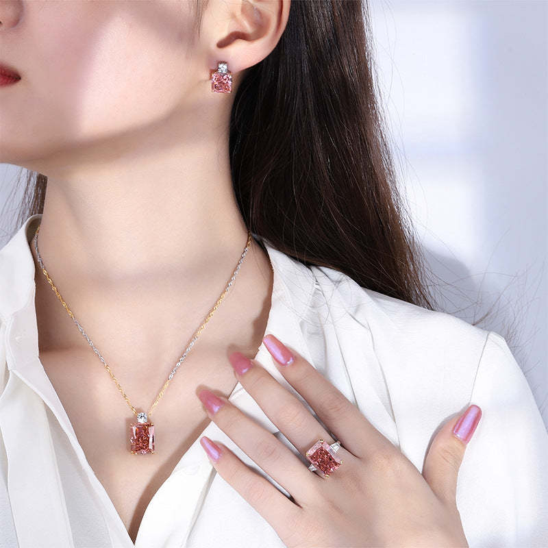 Retro women's jewelry high carbon diamond padparadscha simple fashion women's suit S925 silver 12*16 10*10-Mix MIx Style