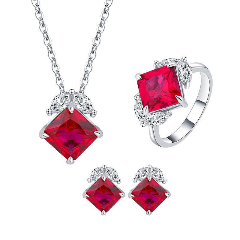 2023 New S925 Silver Jewelry Simulated Red Sapphire Square Simple Daily Style Set for Women 9*9-6*6-Mix MIx Style