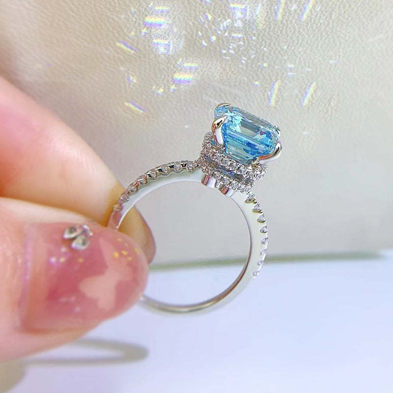 Dainty Ocean Blue Asscher Cut Moissanite Diamond 3ct 18k White Gold Plated Engagement Ring | Mix Mix Style-Mix MIx Style