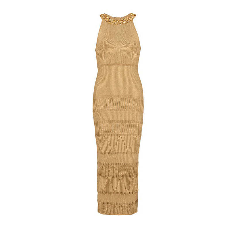 khaki - black - white round neck beaded sleeveless knitted summer midi