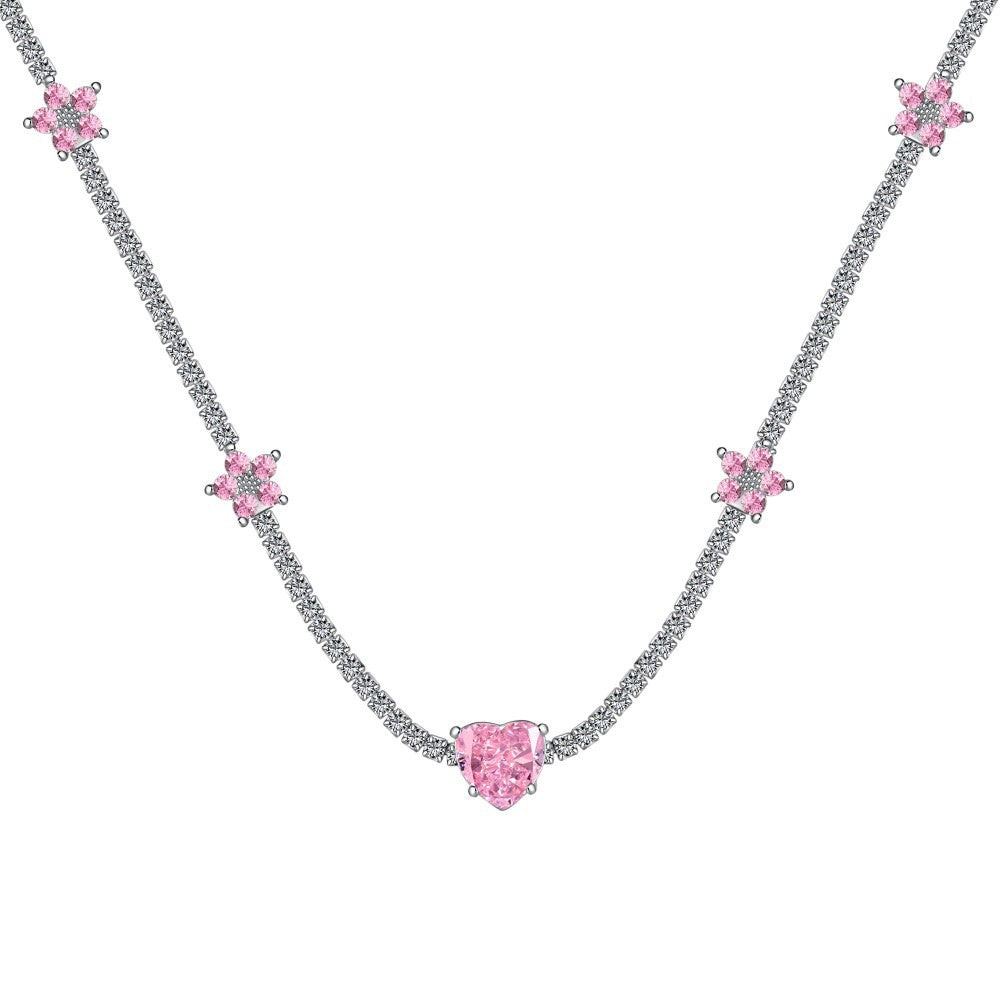S925 sterling silver tennis necklace for women pink crushed ice flower heart-shaped high carbon diamond zircon tennis chain high-end clavicle chain-Mix MIx Style