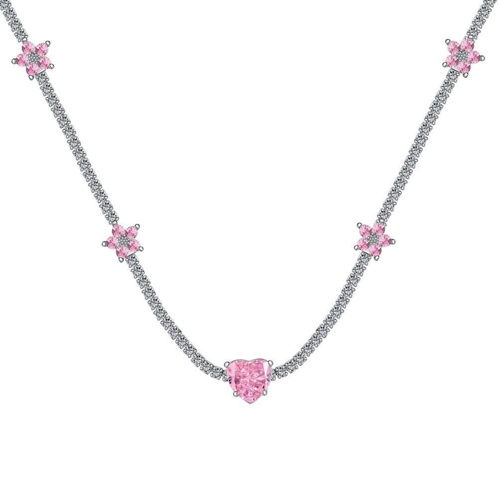 S925 sterling silver tennis necklace for women pink crushed ice flower heart-shaped high carbon diamond zircon tennis chain high-end clavicle chain-Mix MIx Style
