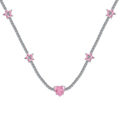 S925 sterling silver tennis necklace for women pink crushed ice flower heart-shaped high carbon diamond zircon tennis chain high-end clavicle chain-Mix MIx Style