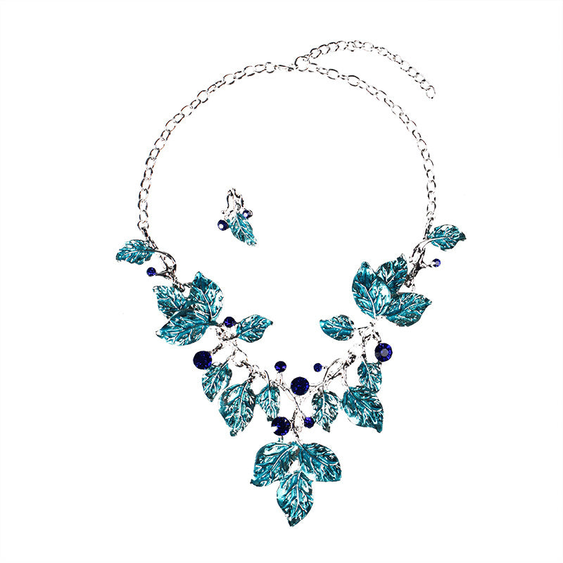 Vintage Green Leafs Diamonds Pendants Luxury 18k White Gold Plated Necklace & Earring Jewelry Set | Mix Mix Style-Mix MIx Style