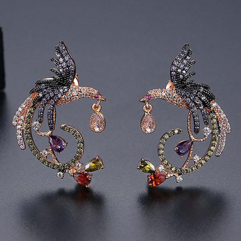 Embellished Bird Multicolor Moissanite Diamonds 18k White Gold Plated Vintage Retro Drop Earrings | Mix Mix Style-Mix MIx Style
