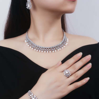 Wedding language European and American four-piece white gold fashionable cubic zirconia luxury elegant necklace earrings bracelet ring-Mix MIx Style