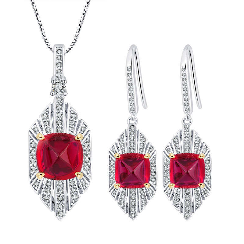 Red & Blue Vintage Pendant Asscher Diamond Luxury 18k Gold Plated Necklace Drop Earrings Jewelry Set | Mix Mix Style-Mix MIx Style