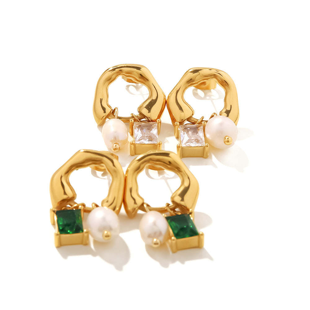 White Akoya Pear & Radiant Cut Moissanite Diamonds Elegant 18k Vermeil Gold Plated Retro Hoop Earrings | Mix Mix Style-Mix MIx Style