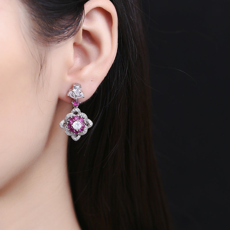 Retro palace red diamond earrings for women S925 sterling silver luxury full diamond diamond earrings elegant earrings in stock-Mix MIx Style