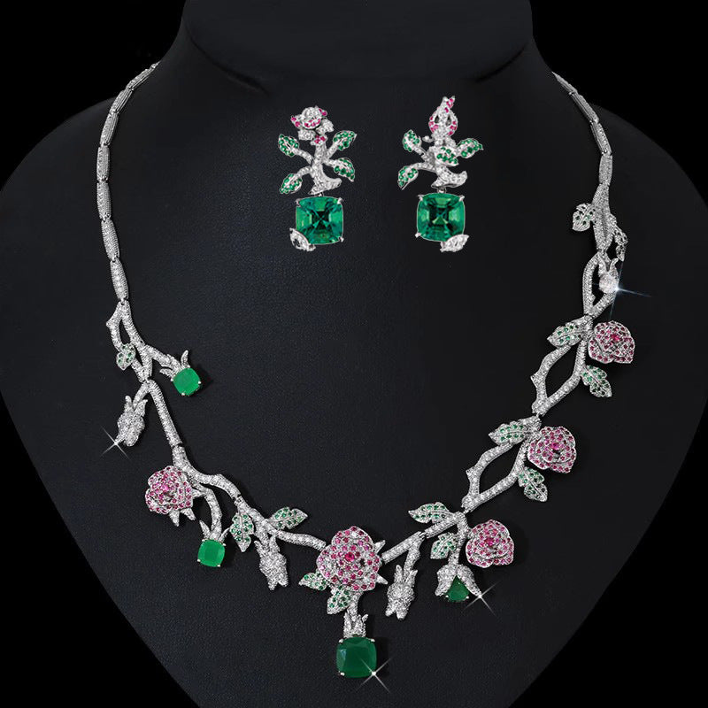 Pink Flowers & Green Leafs Vintage Retro Diamonate Luxury 18k Gold Plated Necklace & Earring Jewelry Set | Mix Mix Style-Mix MIx Style
