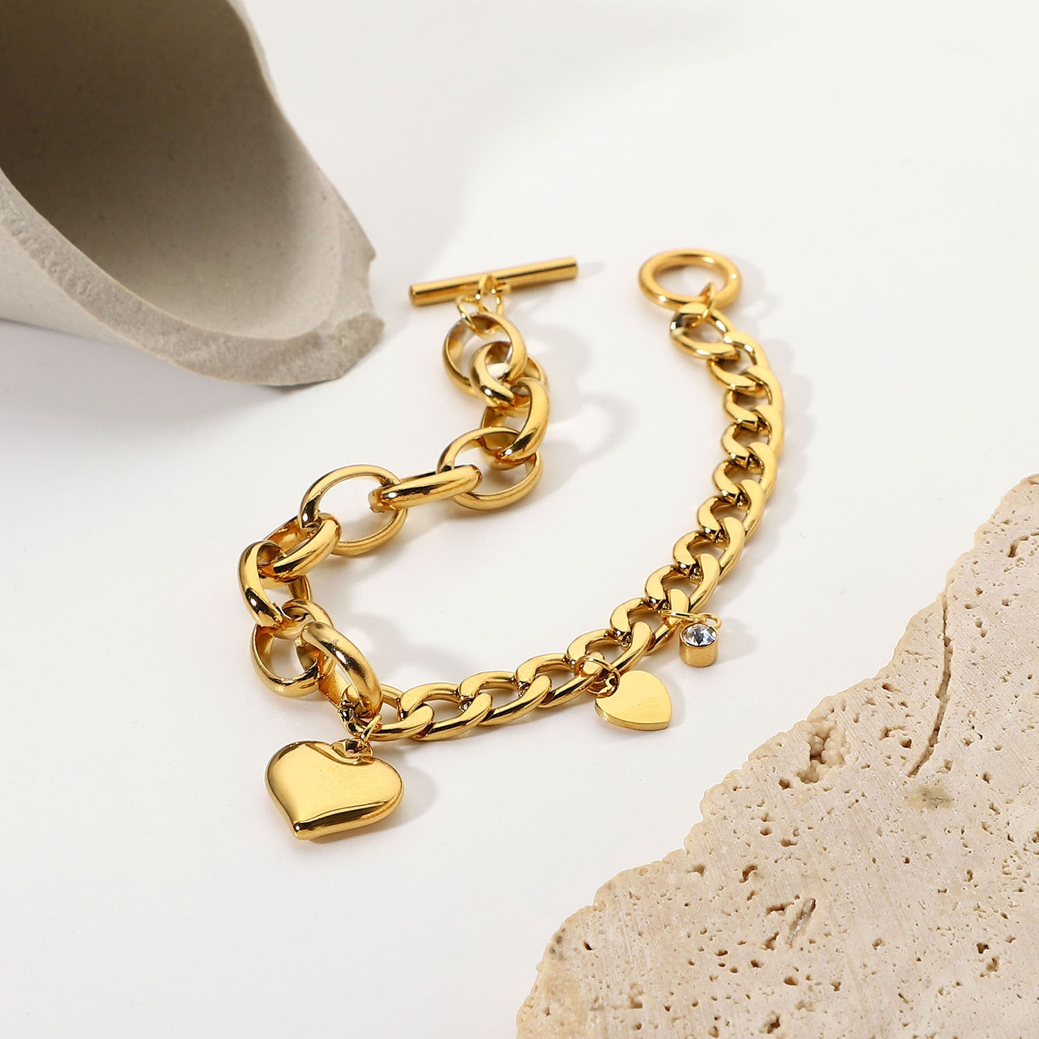 European and American Cuban chain oval chain double spelling love small round zirconium pendant OT buckle bracelet 18K gold-plated stainless steel bracelet-Mix MIx Style
